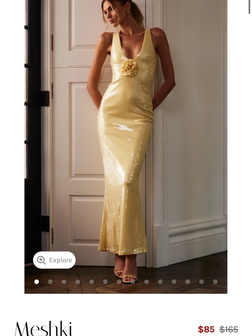 Meshki Pale Yellow Sequin V-Neck Maxi Dress with Rosette